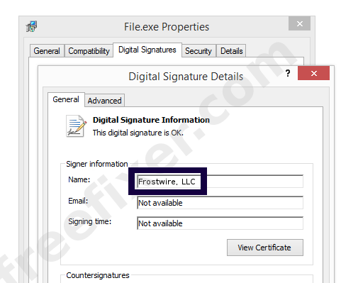 Screenshot of the Frostwire, LLC certificate